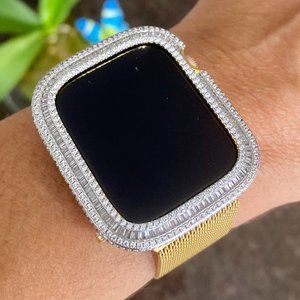 Series 7/8 Gold Bling Apple Watch  Baguette Bezel Case Face Cover 41/45 mm